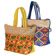 Kuber Industries Polyester Elephant Print Hand Bag For Women/Girls With Handle Pack of 2 (Blue & Yellow) 54KM4037