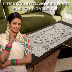 Heart Home Table Runner|Soft Vinyl Fabric Floral Design for Everyday Use|Home Decor|Living Room|33x17 Inch (Cream)