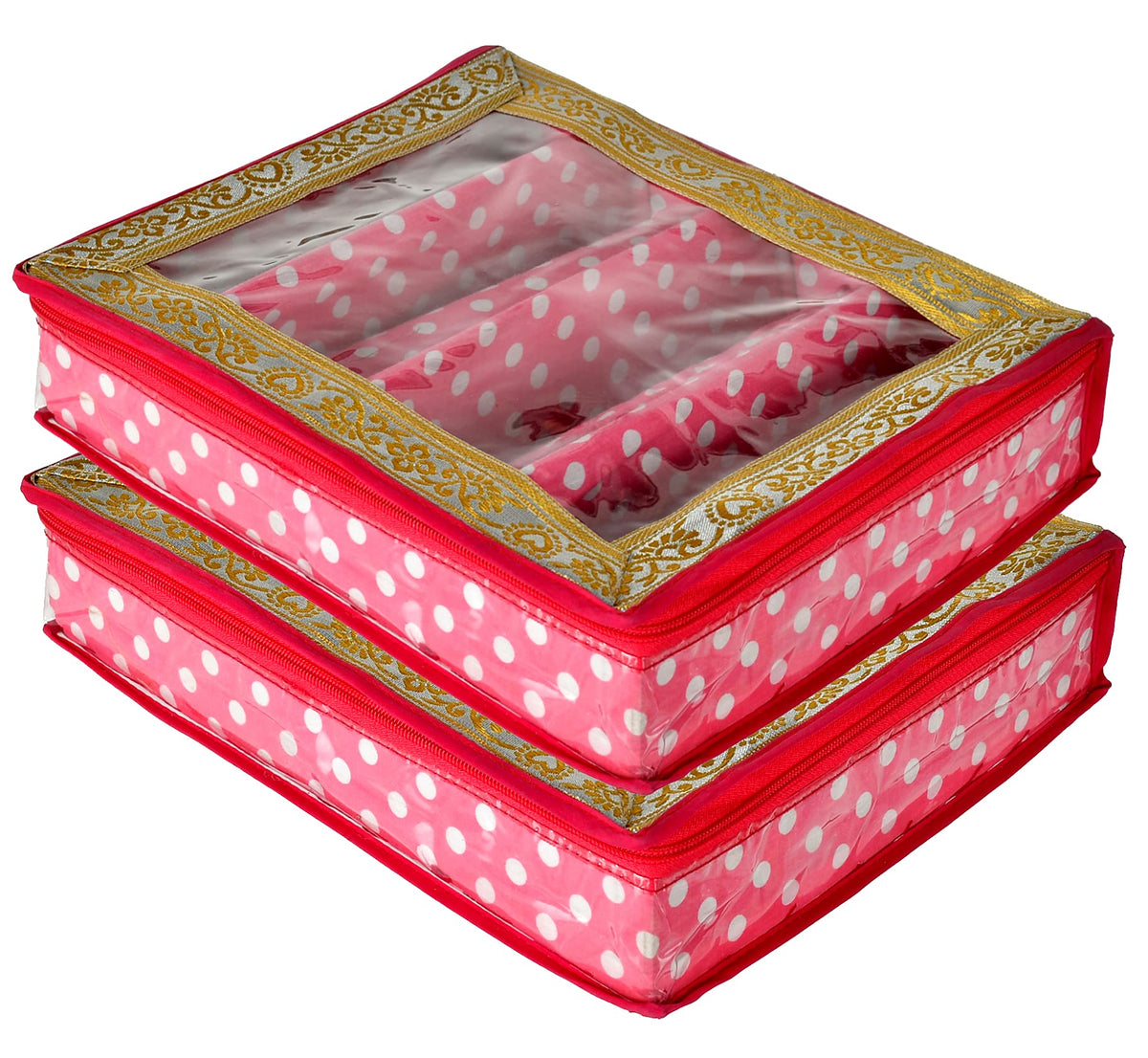 Kuber Industries Dot Printed Laminated 4 Rod Bangle, Chudi, Watches & Bracelet Box/Organizer With Transparent Top- Pack of 2 (Pink)-HS43KUBMART25543