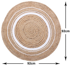 Kuber Industries Hand Woven Braided Carpet Rugs|Anti-Skid Round Traditional Spiral Design Jute Door mat|Mat for Bedroom,Living Room,Dining Room,Yoga,92 x 92 cm,(White)