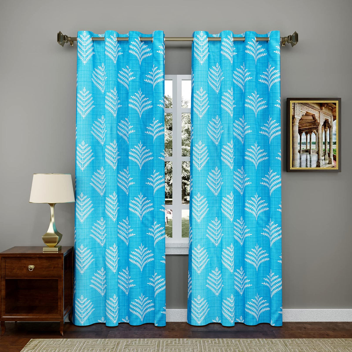 Kuber Industries Leaf Printed 7 Feet Door Curtain for Living Room, Bed Room, Kids Room with 8 Eyelet- Pack of 2 (Blue)-HS43KUBMART25591, Standard