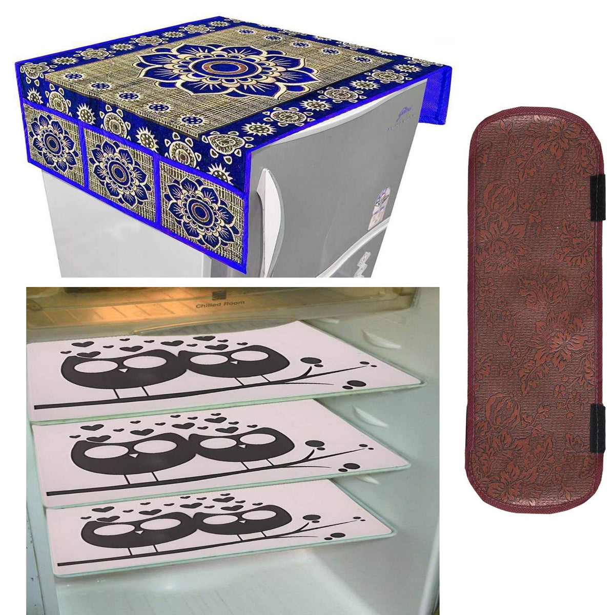 Kuber Industries Cloth 3 Pieces Fridge Mat, 1 Piece Handle Cover and 1 Pieces Fridge Top Cover (Multi)-CTKTC2814