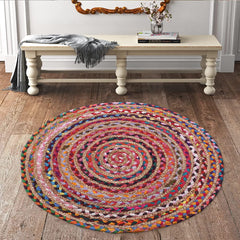 Kuber Industries Handmade Braided Area Rug|Organic Natural Jute Door Mat|Carpet for Bedroom,Living Room,Dining Room,65x65 cm,(Multicolor, Round)