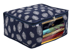 Heart Home Leaf Printed Saree Cover With Transparent Window, Pack of 2 (Navy Blue)