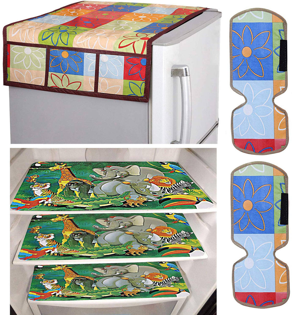 Kuber Industries Checkered Design 3 Pieces PVC Fridge Mats,2 Piece Handle Cover and 1 Piece Fridge Top Cover (Yellow) CTKTC33689