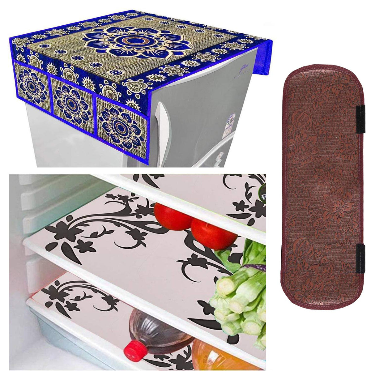 Kuber Industries Cloth 3 Pieces Fridge Mat, 1 Piece Handle Cover and 1 Pieces Fridge Top Cover (Multi)-CTKTC2789, (Model: CTKTC02239)