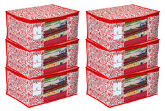 Kuber Industries Floral Design 6 Piece Non Woven Saree Cover, Extra Large, Red