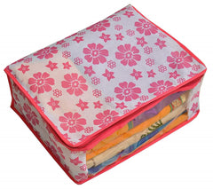 Kuber Industries Floral Design Non Woven Saree Cover Set|Transparent Window & Zipper Closure|Regular Cloth Bag|Wardrobe Organiser Set|Pack of 6 (Pink)