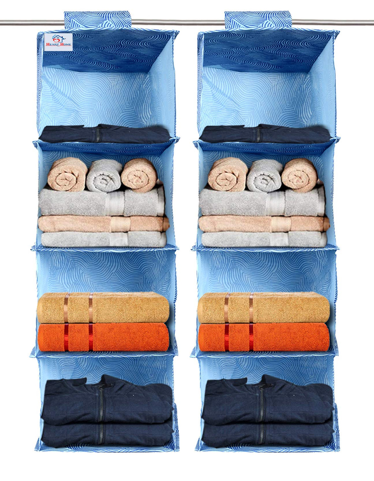 Heart Home Laheriya Print 4 Shelf Closet Hanging Organizer, 4 Tier Closet Wardrobe Organizer Clothes Storage Hanger for Family Closet Bedroom, Foldable and Universal Fit (Blue)-Pack of 2-KUBMART15343
