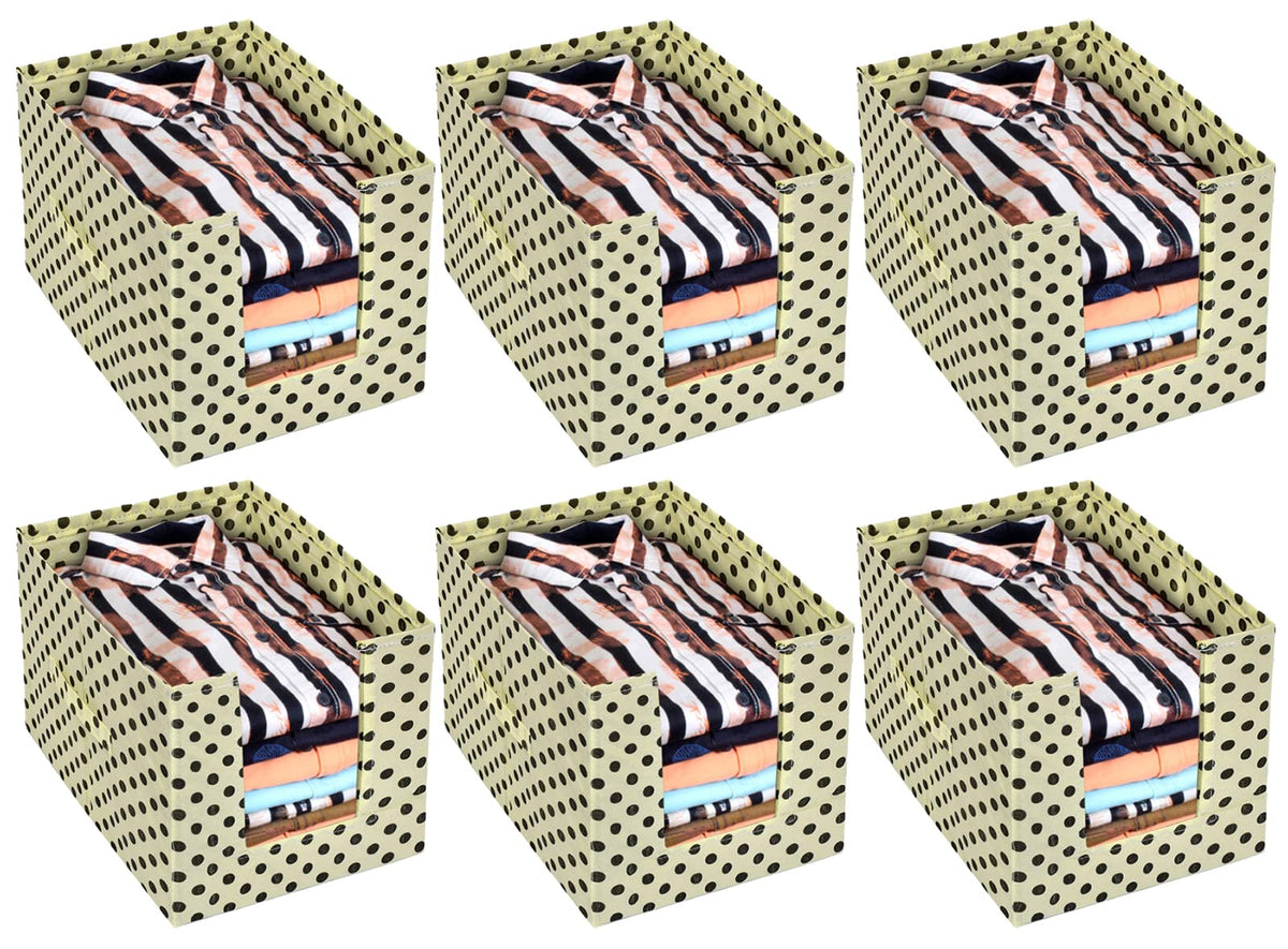 Kuber Industries Dot Printed Non-Woven Foldable Shirt Stacker Closet Organizer With Handles- Pack of 6 (Cream & Black)-HS43KUBMART26564