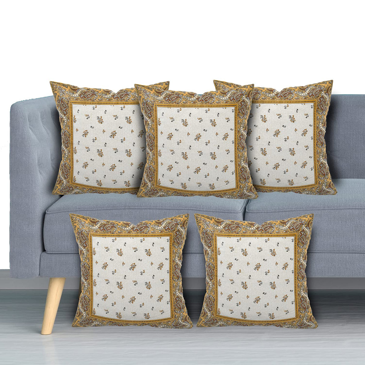 Kuber Industries Floral Design Cotton Decorative Throw Pillow Cover Cushion Covers Pillowcase for Sofa Couch Bed Chair 16x16 Inch-Pack of 5 (Cream)