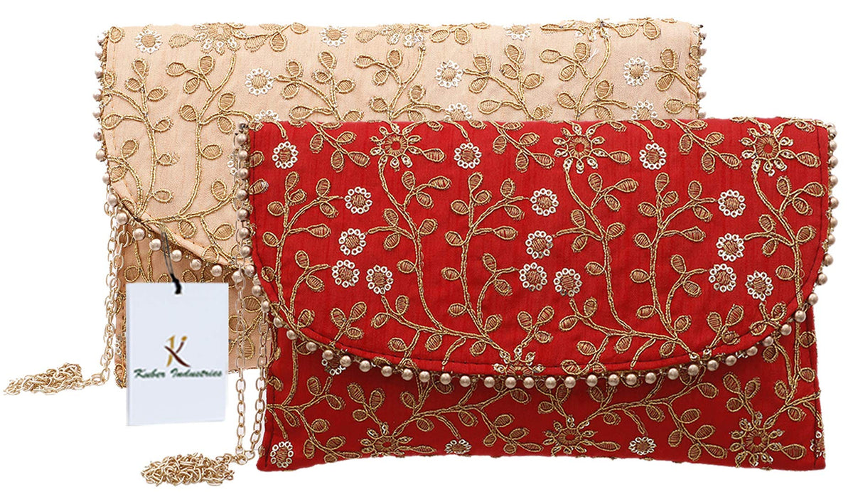 Kuber Industries Handcrafted 2 Pieces Embroidered Party Wear Clutch Bag Purse Handbag For Bridal, Casual, Party, Wedding (Red & Peach) - CTKTC034532