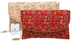 Kuber Industries Handcrafted 2 Pieces Embroidered Party Wear Clutch Bag Purse Handbag For Bridal, Casual, Party, Wedding (Red & Peach) - CTKTC034532