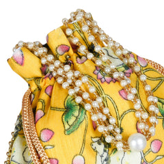 Heart Home Potli|Silk Wedding Potli|Wallet Potli|Christmas Gift Potli|Baby Shower Potli|Traditional Shagun Potli|Drawstring with Beads Handle Potli|Cow-Design Patli Potli|Pack of 3|Yellow