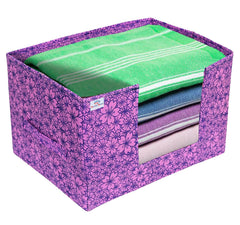 Heart Home Flower Printed Multiuses Non-Woven Closet Organizer, Storage Bin, Shelf Storage Oragnizer With Handle- Pack of 3 (Purple)-HS43HEARTH26385