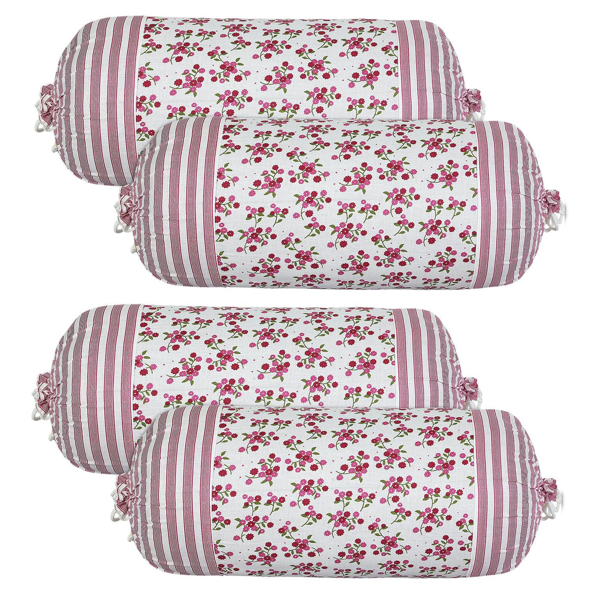 Heart Home Bolster Covers | Cotton Bolster Cover Set | Diwan Bolster Cover Set | Bolster Pillow Cover | Pink Flower Masand Cover | 16x32 Inch | Pack of 4 | White