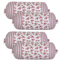Heart Home Bolster Covers | Cotton Bolster Cover Set | Diwan Bolster Cover Set | Bolster Pillow Cover | Pink Flower Masand Cover | 16x32 Inch | Pack of 4 | White