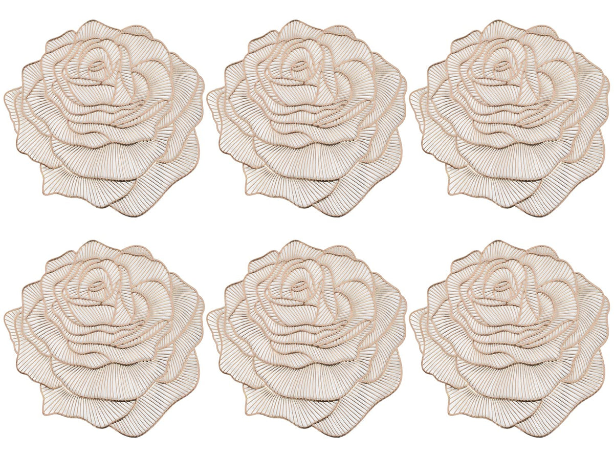 Heart Home Rose Design Soft Leather Table Mats, Dining Table Mats, Set of 6 (Gold)-50HH01303