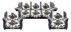 Kuber Industries Flower Design Cotton 5 Seater Sofa Cover with 6 Pieces Arms Cover and 1 Center Table Cover Use Both Side (Set of 17, White & Brown)-KUBMART12029, Standard