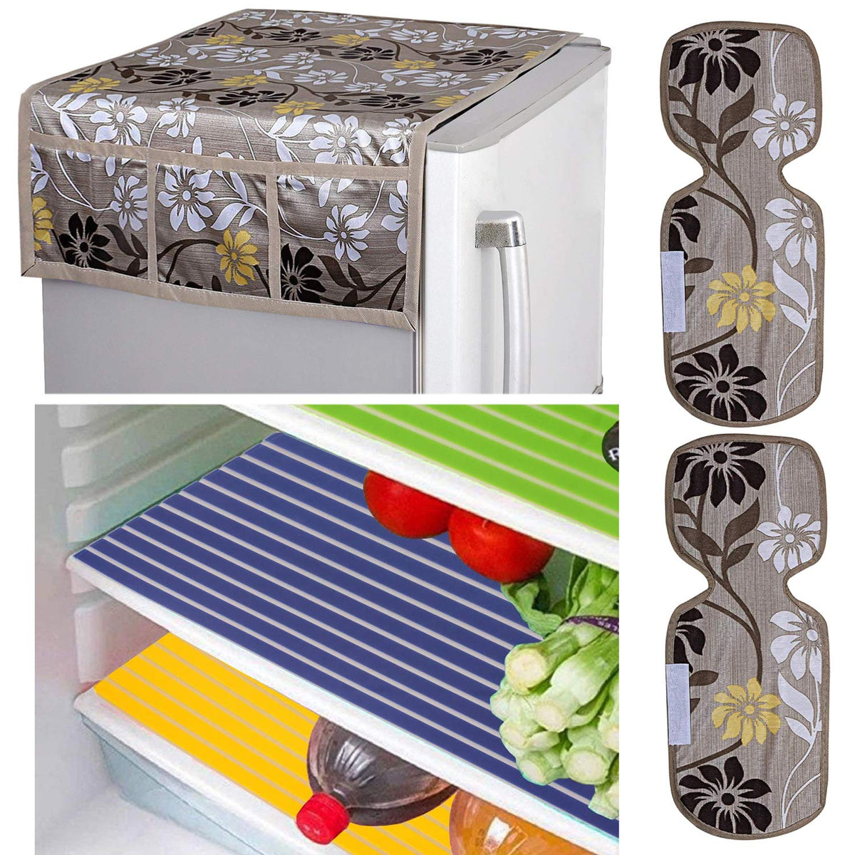 Kuber Industries Flower Design Combo PVC 3 Pieces Fridge Mats, 2 Piece Handle Cover and 1 Piece Fridge Top Cover(Gold) - CTKTC024419