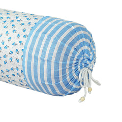 Heart Home Bolster Covers | Cotton Bolster Cover Set | Diwan Bolster Cover Set | Bolster Pillow Cover | Blue Flower Masand Cover | 16x32 Inch | Pack of 2 | White