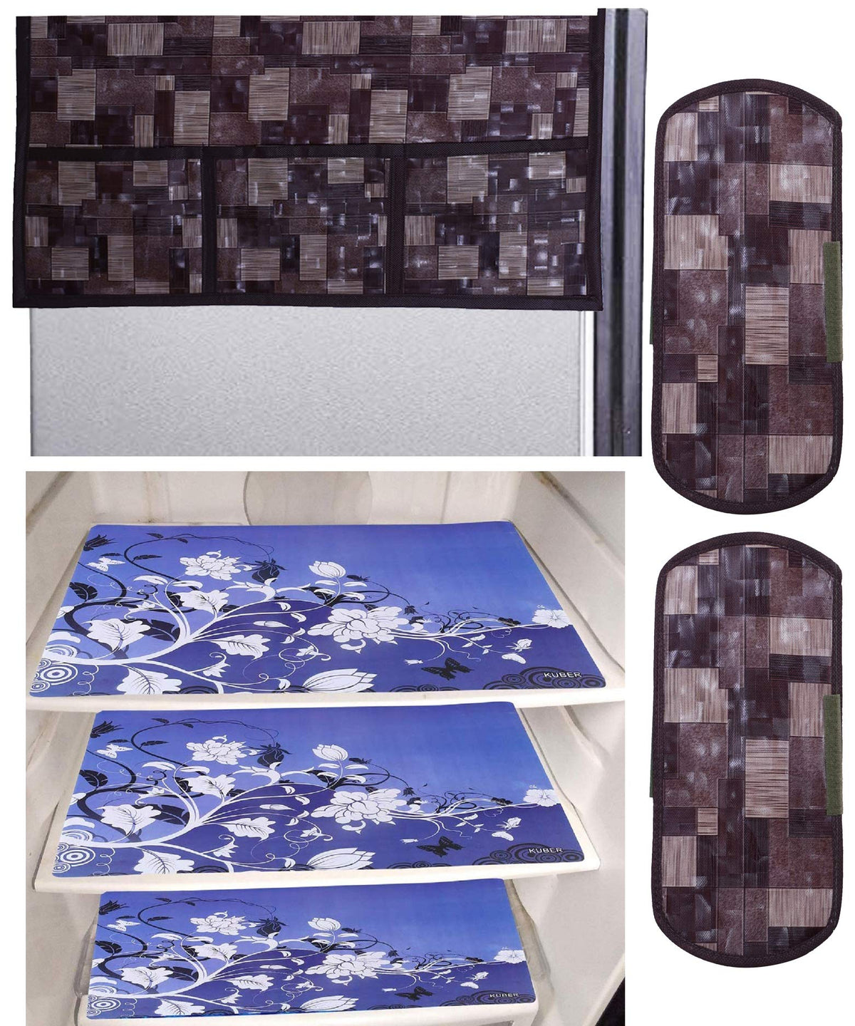 Kuber Industries Flower Design 3 Pieces PVC Fridge Mats,2 Piece Handle Cover and 3D Checkered Design 1 Piece Fridge Top Cover (Brown) - CTKTC39820