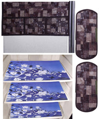 Kuber Industries Flower Design 3 Pieces PVC Fridge Mats,2 Piece Handle Cover and 3D Checkered Design 1 Piece Fridge Top Cover (Brown) - CTKTC39820