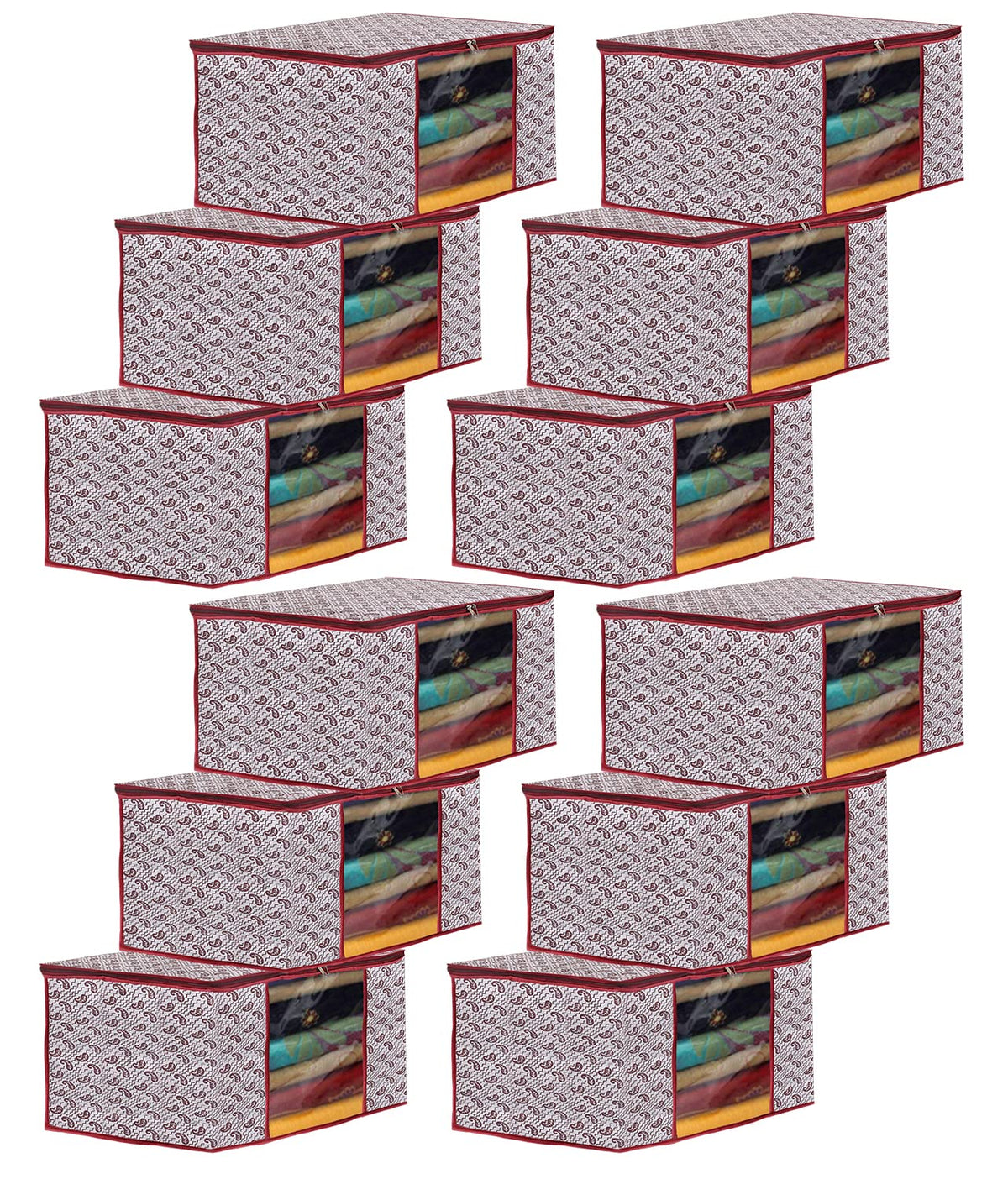 Heart Home Paisley Design Non-woven Foldable Saree Cover/Clothes Storage Bag/Wardrobe Organizer With Transparent Window- Pack of 12 (White)-44HH0351