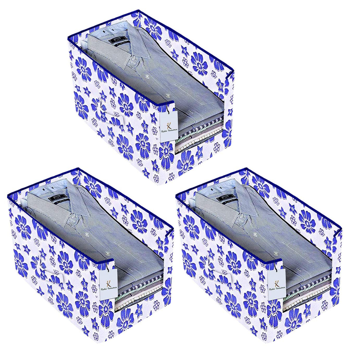 Kuber Industries Flower Printed 3 Piece Non Woven Shirt Stacker Wardrobe Organizer Set, (Royal Blue) - CTKTC035011