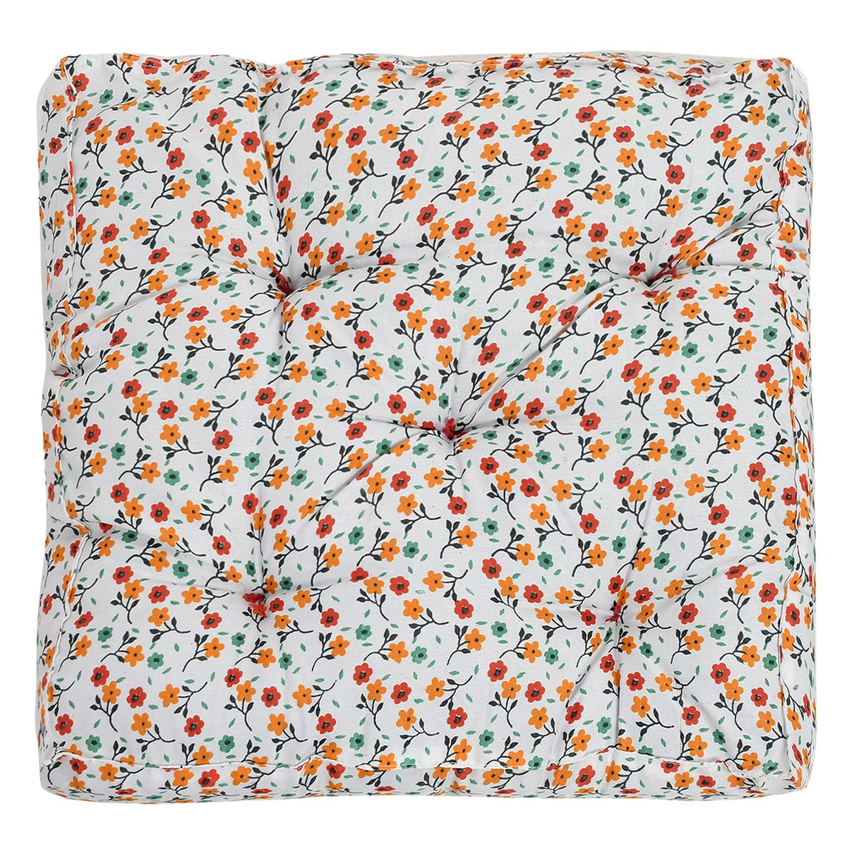Heart Home Flower Printed Microfiber Durable, Comfortable & Soft Square Chair Pad/Cushion/Seat Pad, 18 * 18 Inch (White)