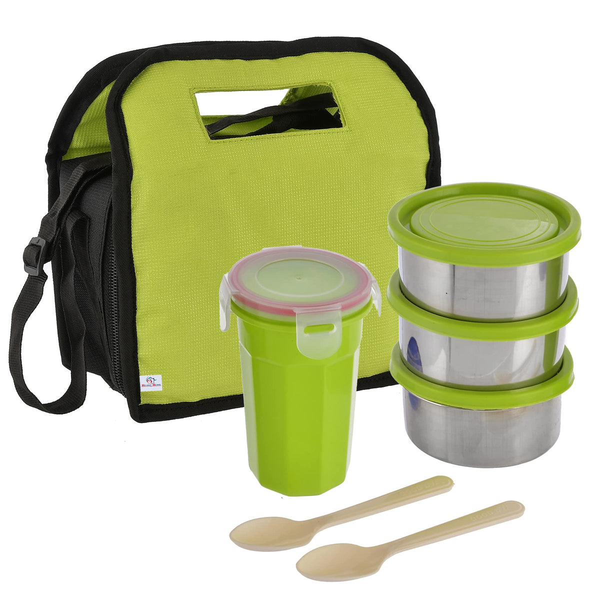 Heart Home Stainless Steel Lunch Box Set with Carry Bag for Office, College and School for Men, Women Kids (Green)-HS42HEARTH25120