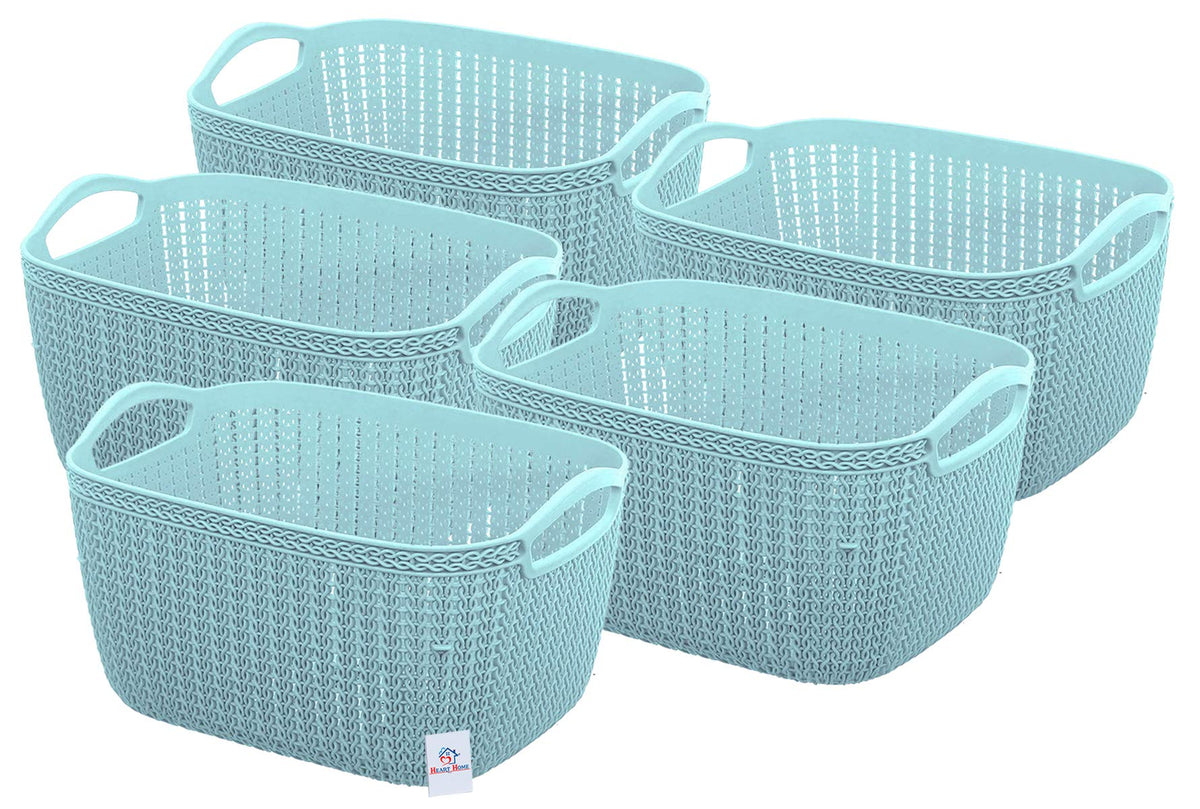 Heart Home Q-5 Unbreakable Plastic 5 Pieces Multipurpose Medium Size Flexible Storage Baskets/Fruit Vegetable Bathroom Stationary Home Basket with Handles (Light Blue)-HEART10495