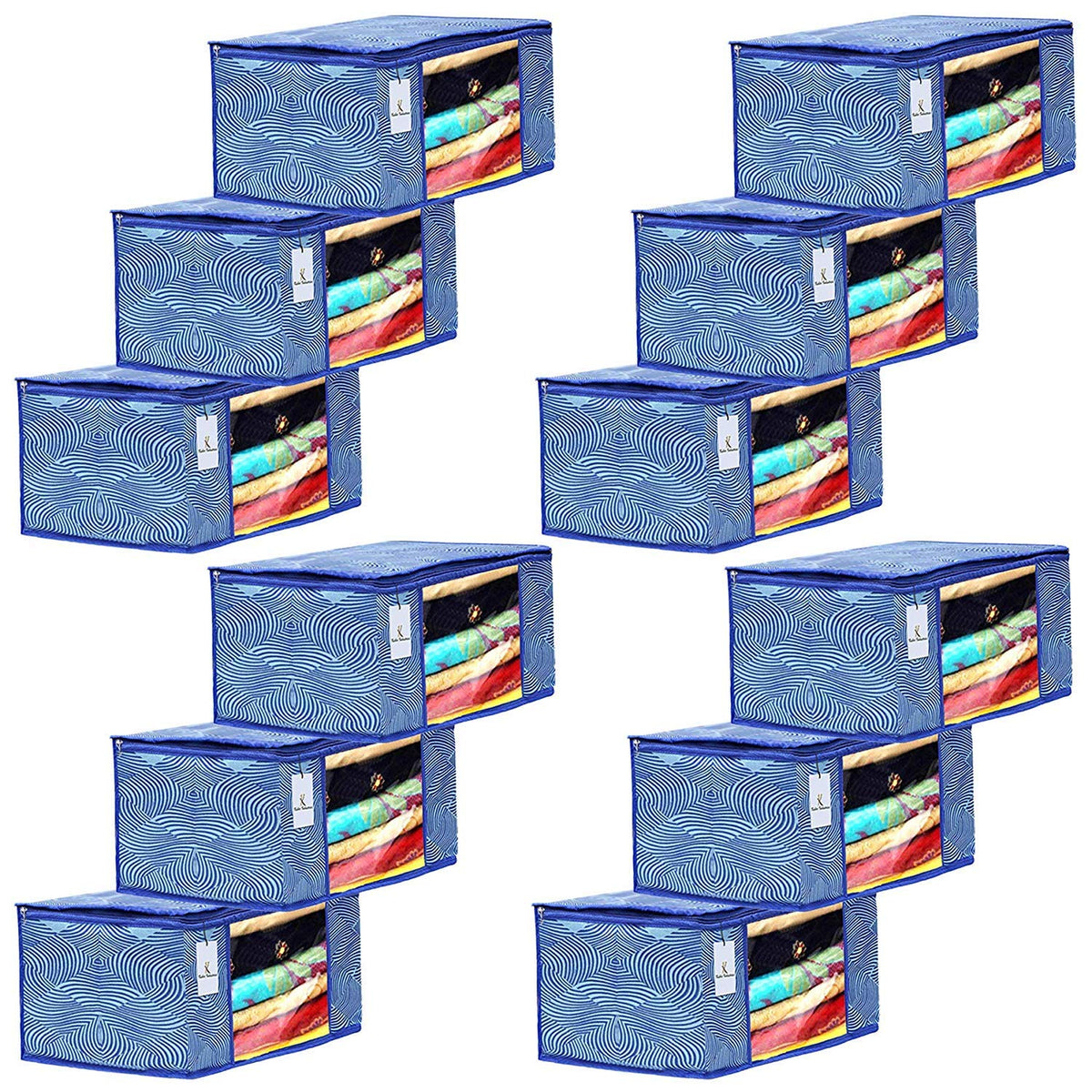 Kuber Industries Laheriya Design 12 Piece Non Woven Fabric Saree Cover Set with Transparent Window, Extra Large, Blue-CTKTC031931