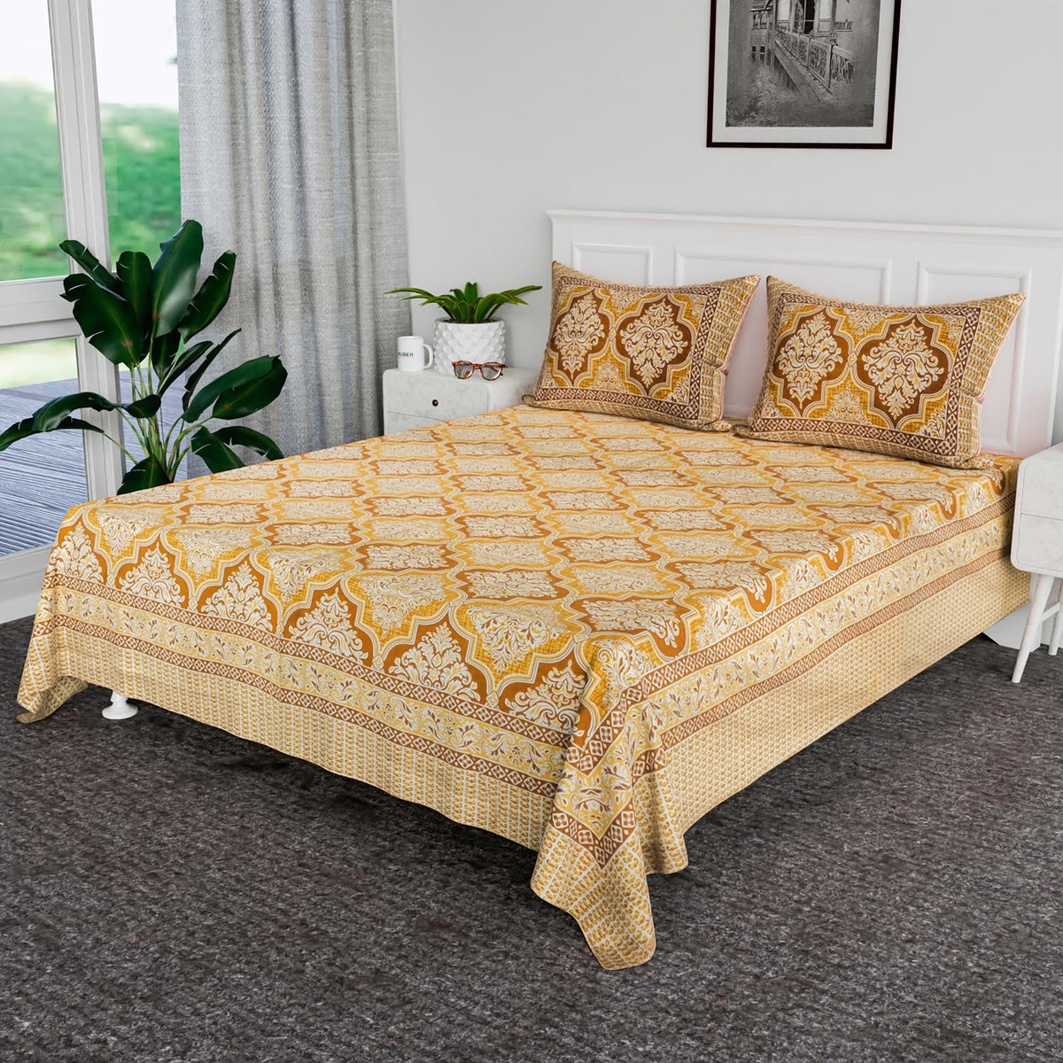 Heart Home Double Bedsheet | Premium Cotton Bedsheet with 2 Pillow Covers | Bedsheet for Bedroom | Bedsheet for Double Bed | Flower Heritage | 90x108 Inch | Brown