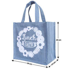 Heart Home Lunch Bag|Reusable Jute Fabric Tote Bag|Lunch Date Print Tiffin Carry Hand Bag with Handle for Office,School,Gift (Gray)
