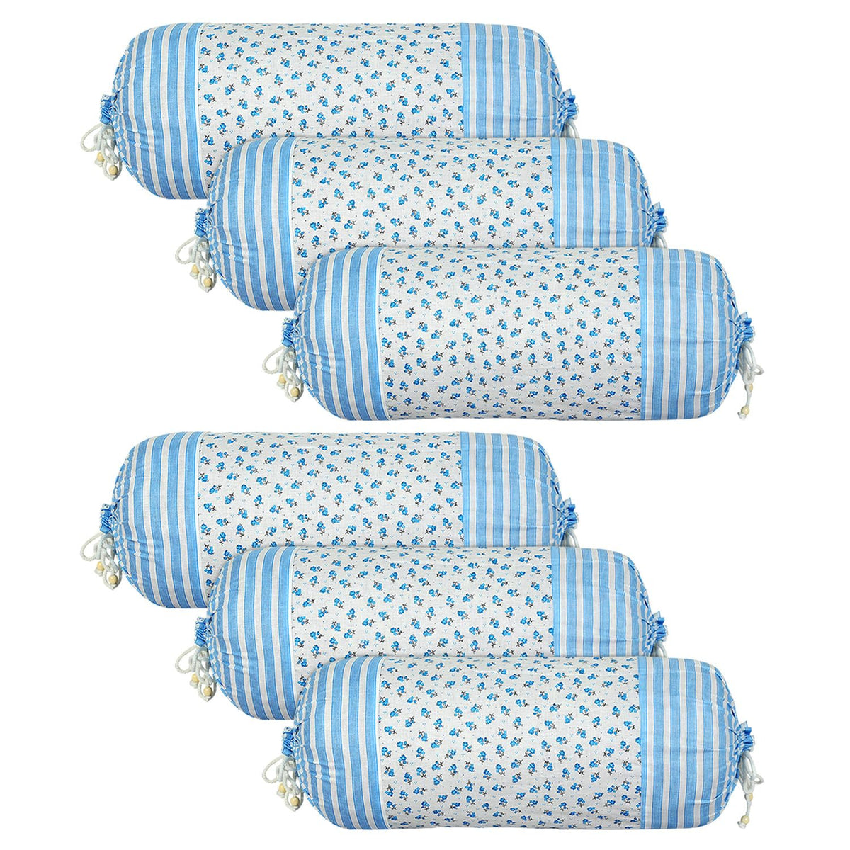 Heart Home Bolster Covers | Cotton Bolster Cover Set | Diwan Bolster Cover Set | Bolster Pillow Cover | Blue Flower Masand Cover | 16x32 Inch | Pack of 6 | White