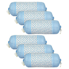 Heart Home Bolster Covers | Cotton Bolster Cover Set | Diwan Bolster Cover Set | Bolster Pillow Cover | Blue Flower Masand Cover | 16x32 Inch | Pack of 6 | White