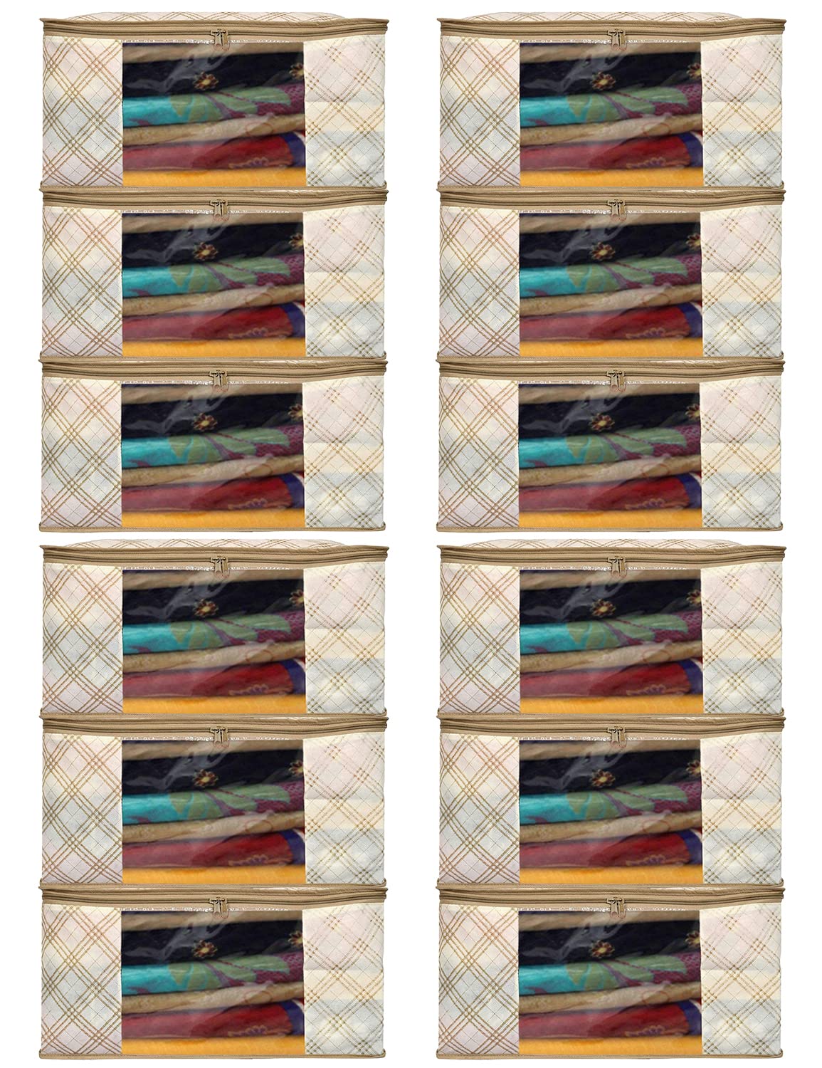 Heart Home Tartan Design Non-woven Sarees, Clothes Cover/Organizer With Transparent Window- Pack of 12 (Beige)-44HH0376
