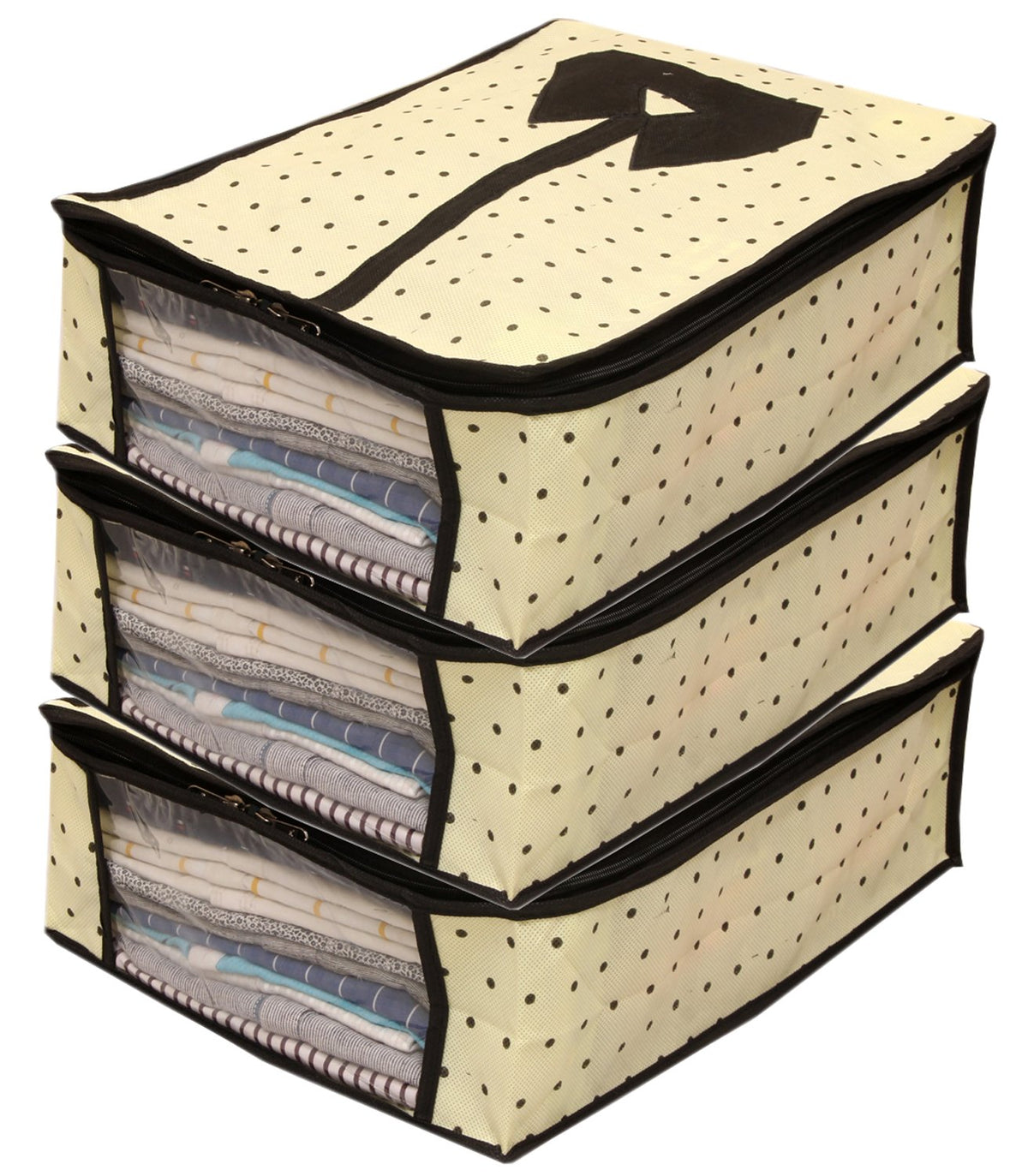Kuber Industries Non woven Shirt Cover/Cloth Organizer|Zipper Closure With Transparent Window|Size 42 x 16 x 32 CM, Pack of 3 (Cream)