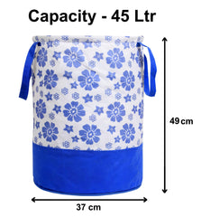 Kuber Industries Flower Print Round Non Woven Fabric Foldable Laundry Basket, Toy Storage Basket, Cloth Storage Basket With Handles,45 Ltr (Blue)-KUBMART11608