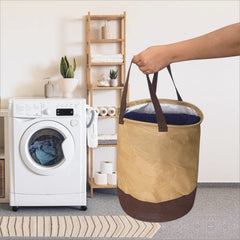 Kuber Industries Waterproof Round Non Wovan Laundry Bag/Hamper|Metalic Printed With Handles|Foldable Bin & 45 Liter Capicity|Size 37 x 37 x 49, Pack of 1 (Beige & Brown)-KUBMART11450