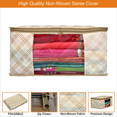 Homestic Set of 6 Foldable Non Woven saree covers with Zip|Saree & Clothes Organiser for wardrobe |Transparent Window With Premium Zipper|Suitable for Lehenga, Suit, Dress (Beige)