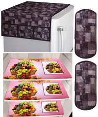 Kuber Industries Fruit Basket Design 3 Pieces PVC Fridge Mats,2 Piece Handle Cover and 3D Checkered Design 1 Piece Fridge Top Cover (Brown) - CTKTC039821