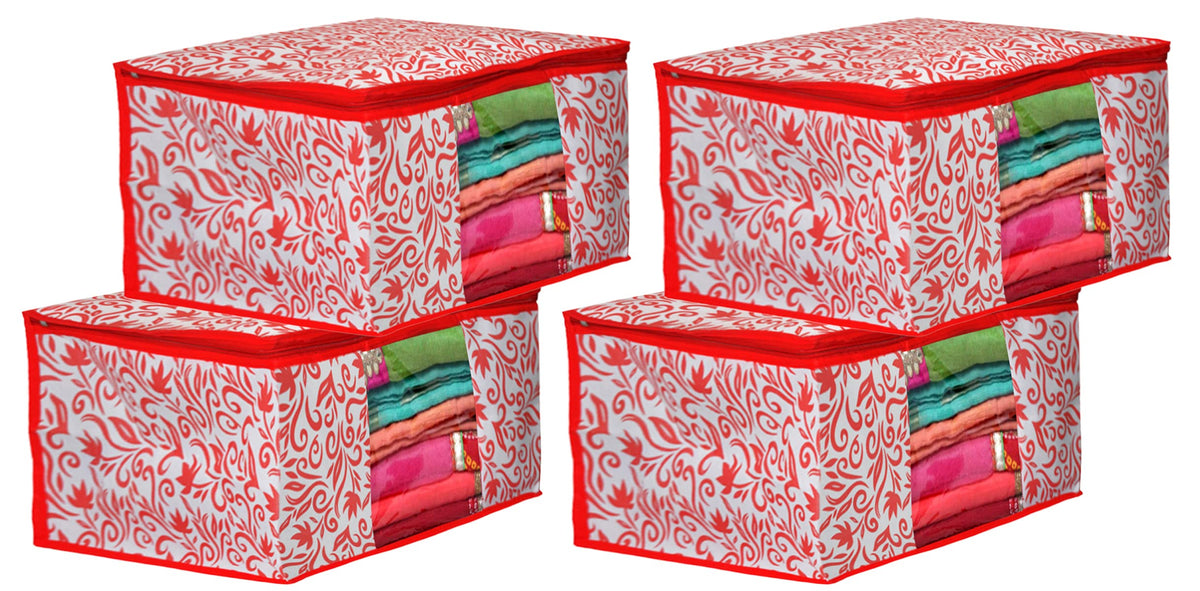 Heart Home Floral Printed Non-Woven Saree Cover, Clothes Organiser, Storage Bag For Wardrobe With Tranasparent Window- Pack of 4 (Pink)-HS43HEARTH26110