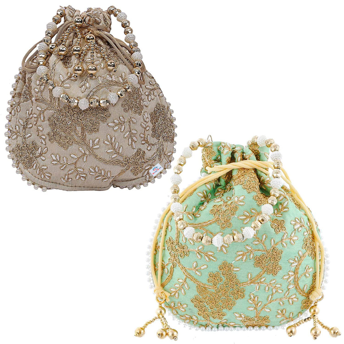Heart Home Embroidery Drawstring Potli|Hand Purse With Gold Pearl Border & Handle For Woman,Girls Pack of 2 (Cream & Green)