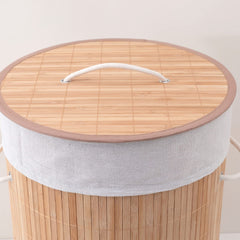 Kuber Industries Bamboo Basket With Lid|Foldable Laundry Basket For Clothes|Durable Rope Handles & Removable Bag (Natural)