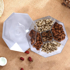 Kuber Industries 5 CompartMant Dry Fruit Jar|Octagon Shape Plastic Snackers,Cookies,Nuts Glass Jar|Masala,Grains & Kitchen Jar (White)