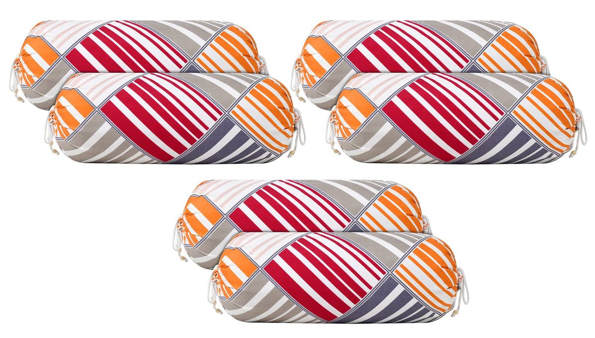 Heart Home Multi Check Printed Cotton Bolster Cover- Set of 6, 16"x32" (Magenta & Grey)-44HH0127