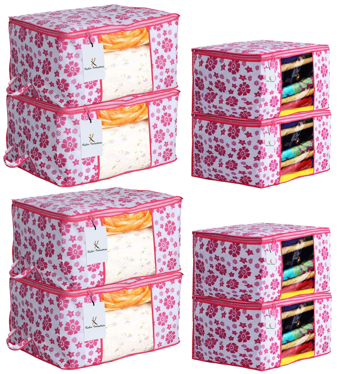 Kuber Industries Flower Printed Non Woven 4 Pieces Saree Cover and 4 Pieces Underbed Storage Bag, Cloth Organizer for Storage, Blanket Cover Combo Set (Pink) -CTKTC38614