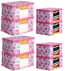 Kuber Industries Flower Printed Non Woven 4 Pieces Saree Cover and 4 Pieces Underbed Storage Bag, Cloth Organizer for Storage, Blanket Cover Combo Set (Pink) -CTKTC38614